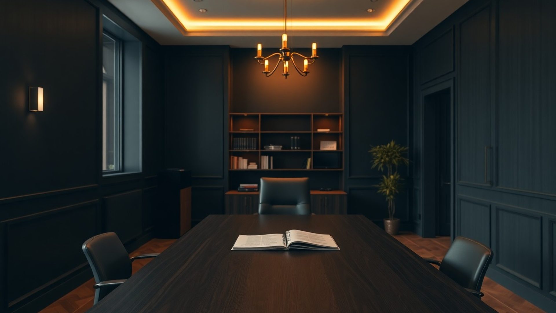 Interior editorial al cabinetului GrowthNest din Timișoara, ton charcoal cu accente aurii