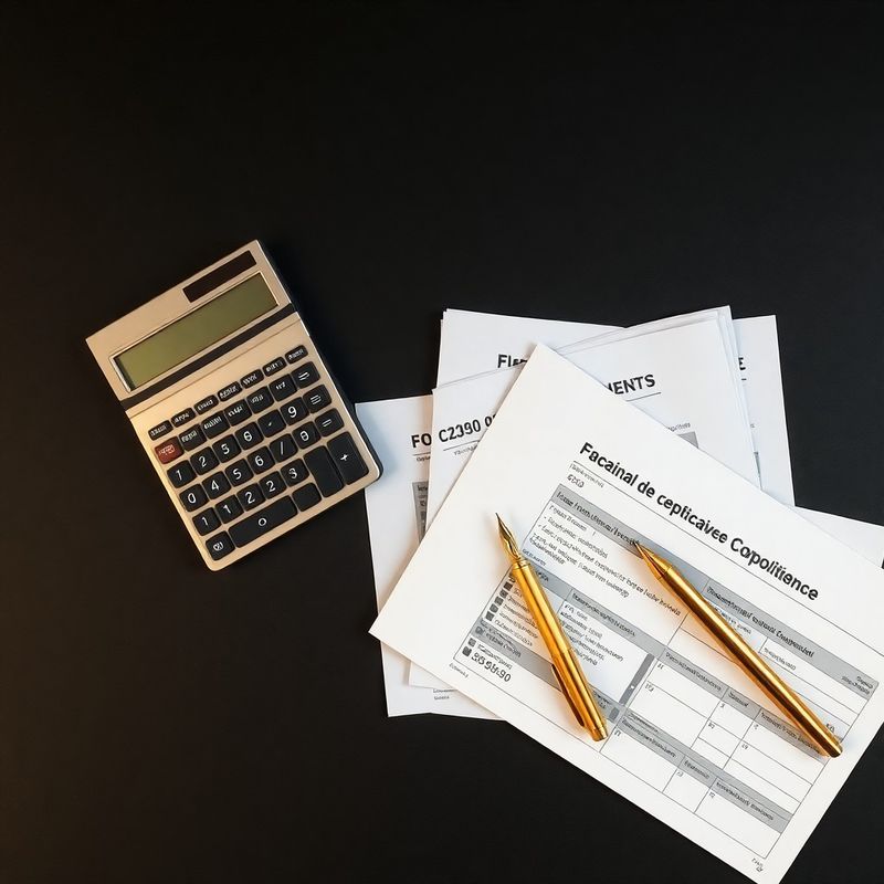 Flat-lay editorial cu documente fiscale, calculator și un stilou auriu pe o suprafață charcoal
